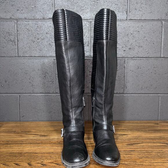 BCBGeneration Over the Knee Black Leather Boots Women’s 7 Lug Sole Stretch Tall - Picture 3 of 8